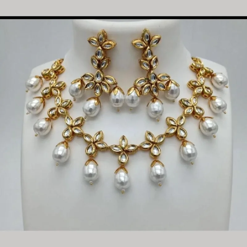 Designer Gold Necklace-FS Collection Gold Plated Kundan Stone And Pearls Necklace Set