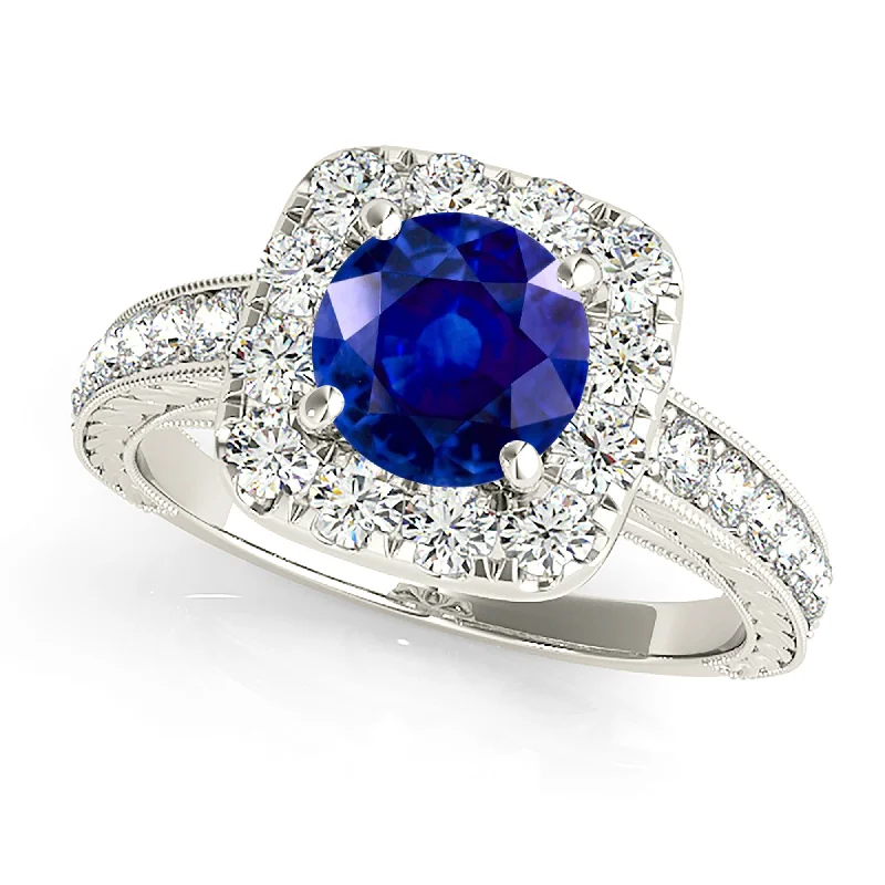 Silver Stackable Rings-2.40 ct. Genuine Blue Sapphire Gallery Work Halo Ring