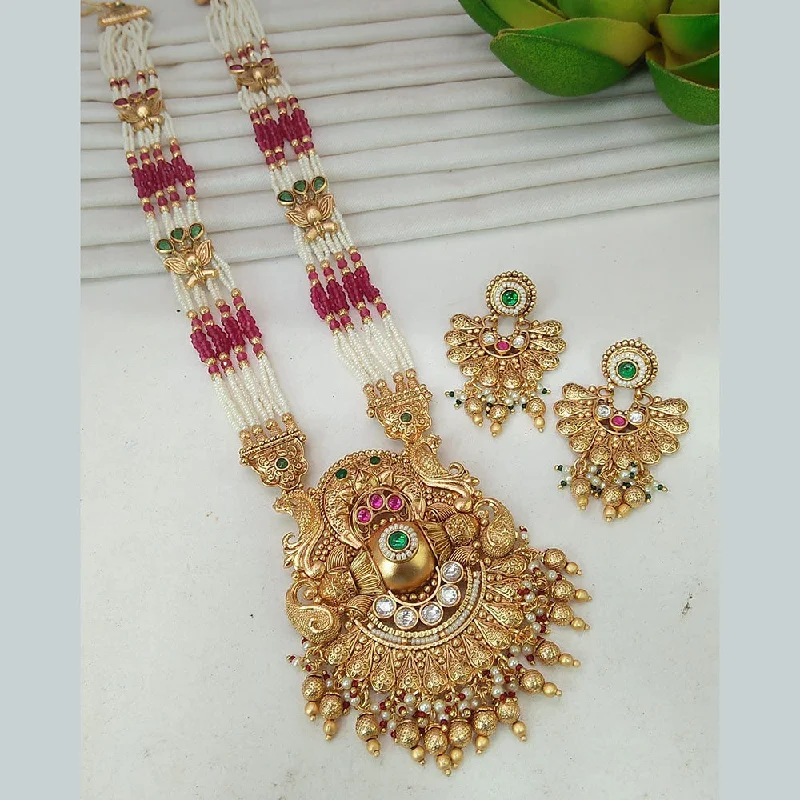 Statement Necklace for Bridesmaids-Everlasting Quality Jewels Gold Plated Pota Stone And Pearls Long Necklace Set