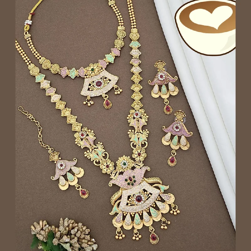 Elegant CZ Necklace-FS Collection Gold Plated Pota Stone And Meenakari Double Necklace Set