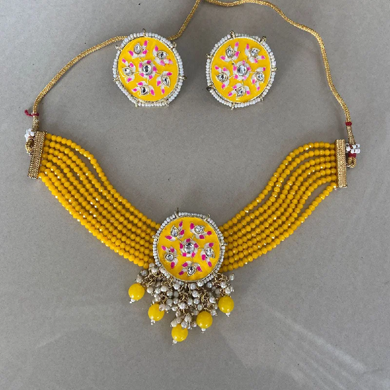 Classy Silver Necklace-India Art Gold Plated Beads And Pearls Meenakari Choker Necklace Set