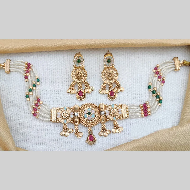 Custom Diamond Necklace-Akruti Collection Gold Plated Kundan Stone And Meenakari Choker Necklace Set