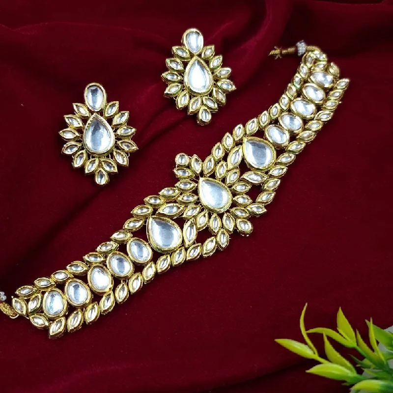 Long Gold Necklace-JCM Gold Plated Kundan Stone Choker Necklace Set