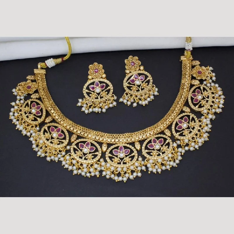 Rose Gold Choker Necklace-Manisha Jewellery Gold Plated Pota Stone And Pearls Necklace Set