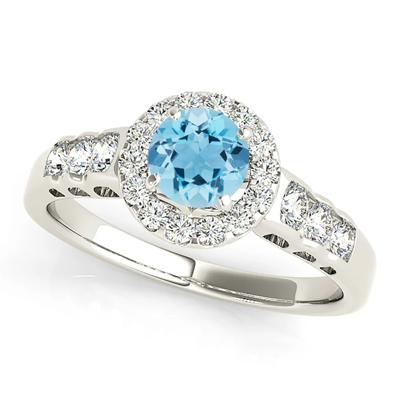 Luxury Gold Ring Set-1.10 ct. Genuine Aquamarine Ring With Halo, Open Leaf Shape Design Sides