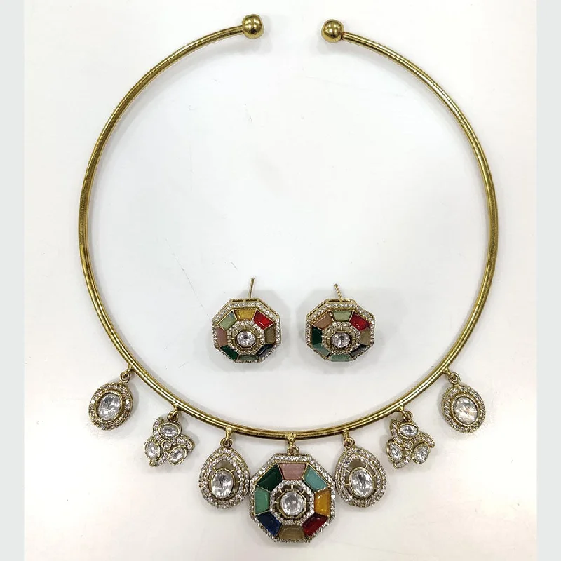 Handcrafted Silver Necklace-JCM Gold Plated Polki Kundan Stone Necklace Set