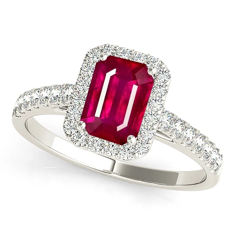 Turquoise Ring-1.20 ct. Genuine Emerald Cut Ruby Ring With Halo And Delicate Diamond Band