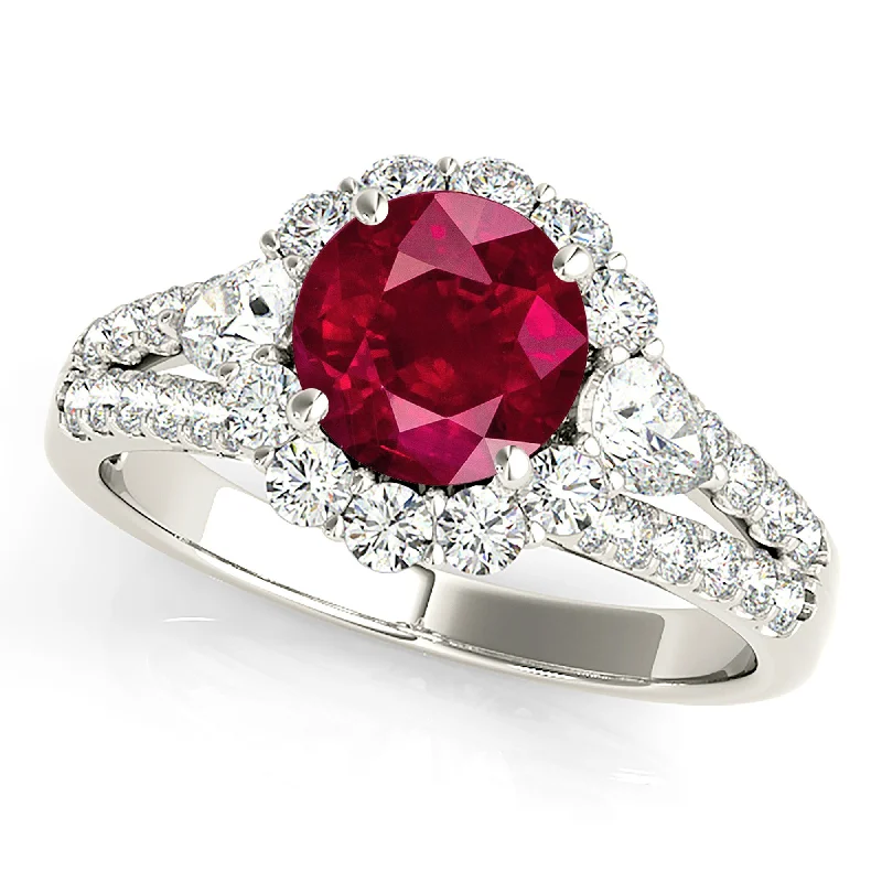 Sterling Silver Ring-1.35 ct. Genuine Ruby Ring With Halo And Accent side Diamonds