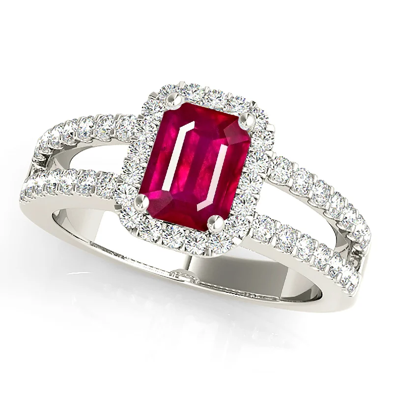 Romantic Heart Ring-1.20 ct. Genuine Emerald Cut Ruby Ring With  Halo and Split Diamond Shank