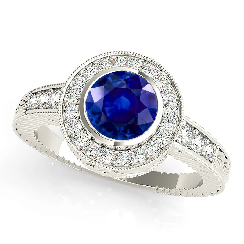 Round Diamond Ring-1.35 ct. Genuine Blue Sapphire Bezel Set Vintage Halo Ring