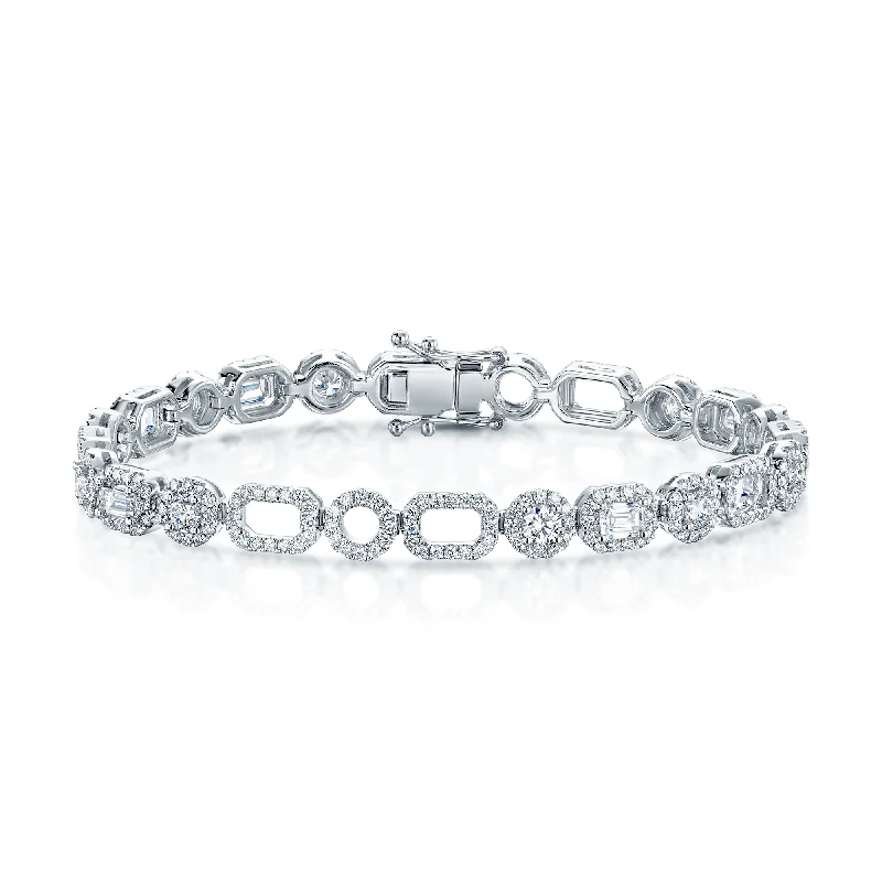 Boho Charm Bracelets-18ct White Gold Round Brilliant Cut And Baguette Cut Diamond Open Link Bracelet