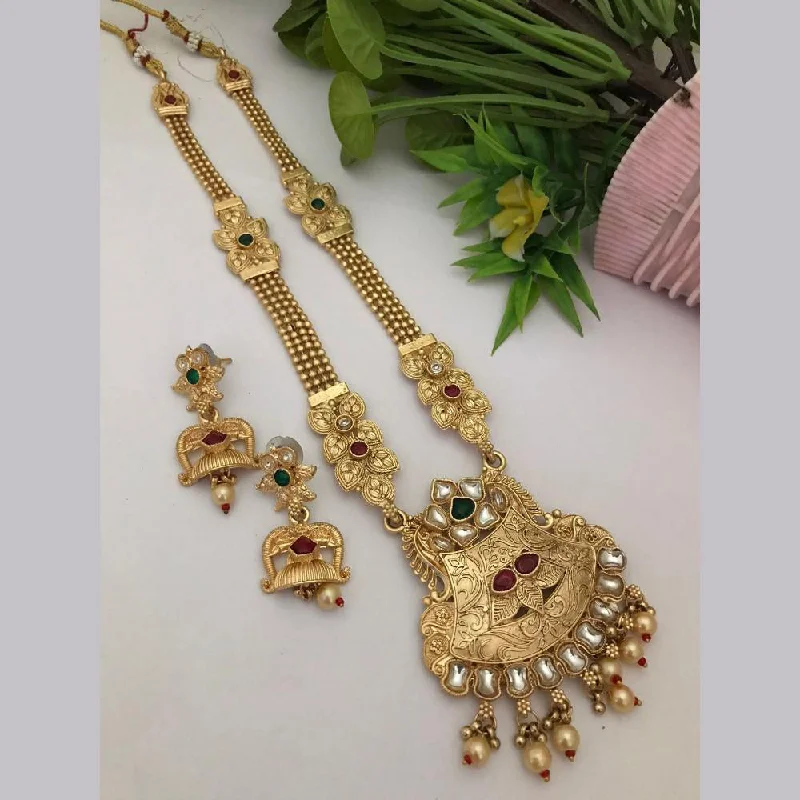 Stylish Pendant Necklace-FS Collection Gold Plated Kundan Stone Long Necklace Set