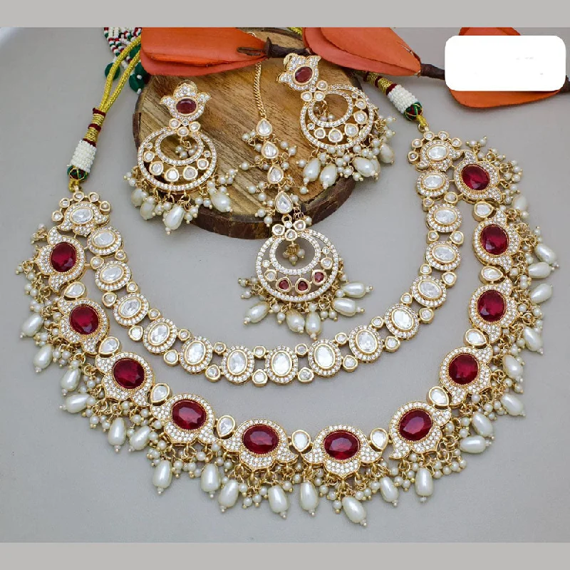 Custom Diamond Necklace-JCM Gold Plated Polki Kundan And Pearls Necklace Set