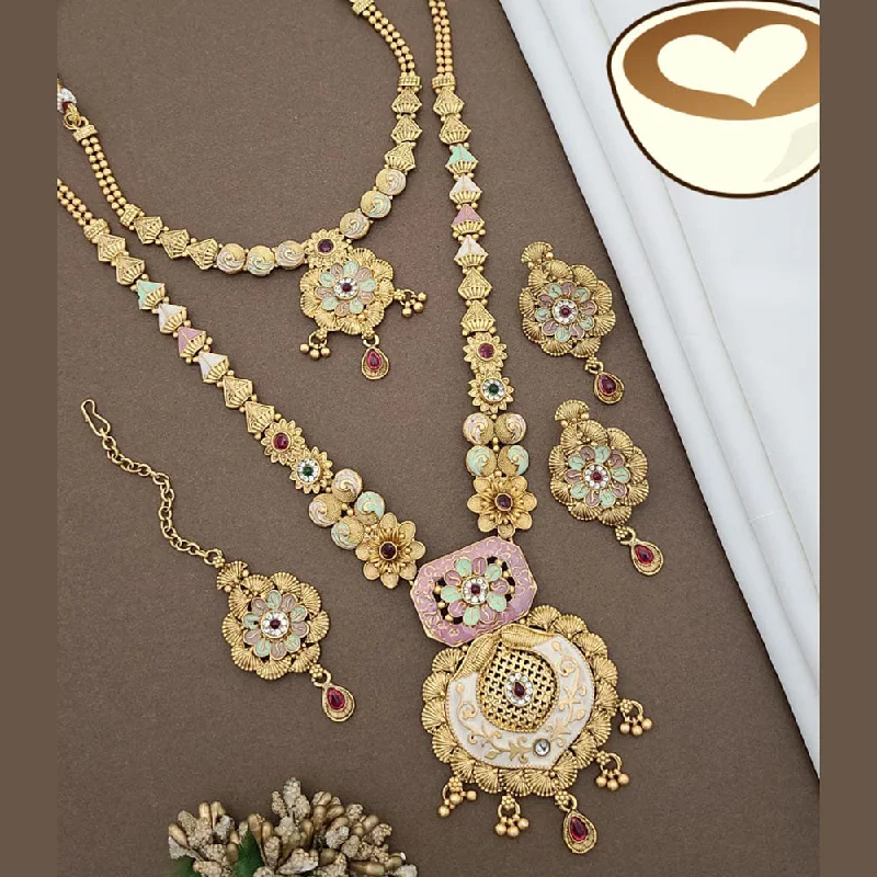 Statement Necklace for Weddings-FS Collection Gold Plated Pota Stone And Meenakari Double Necklace Set