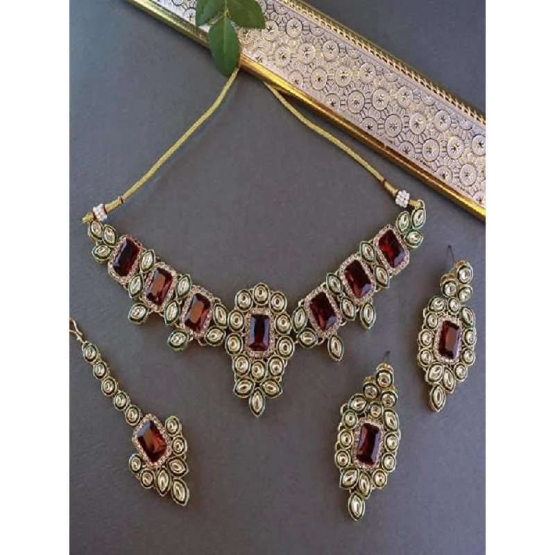 Fashionable Gold Necklace-Etnico Gold Plated Traditional Kundan & Stone Studded Choker Necklace Jewellery with Earrings & Maang Tikka Set for Women (IJ359M)