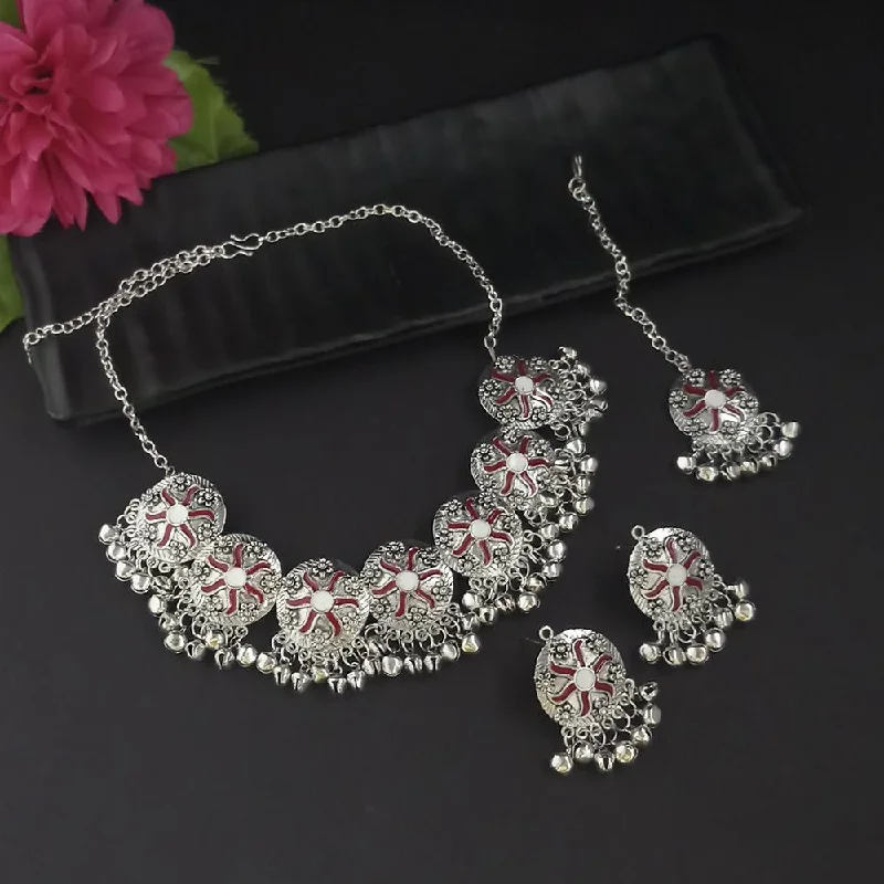 Heart Shaped Silver Necklace-Kriaa Oxidised Plated Red Meenakari Necklace Set With Maang Tikka - 1116016H