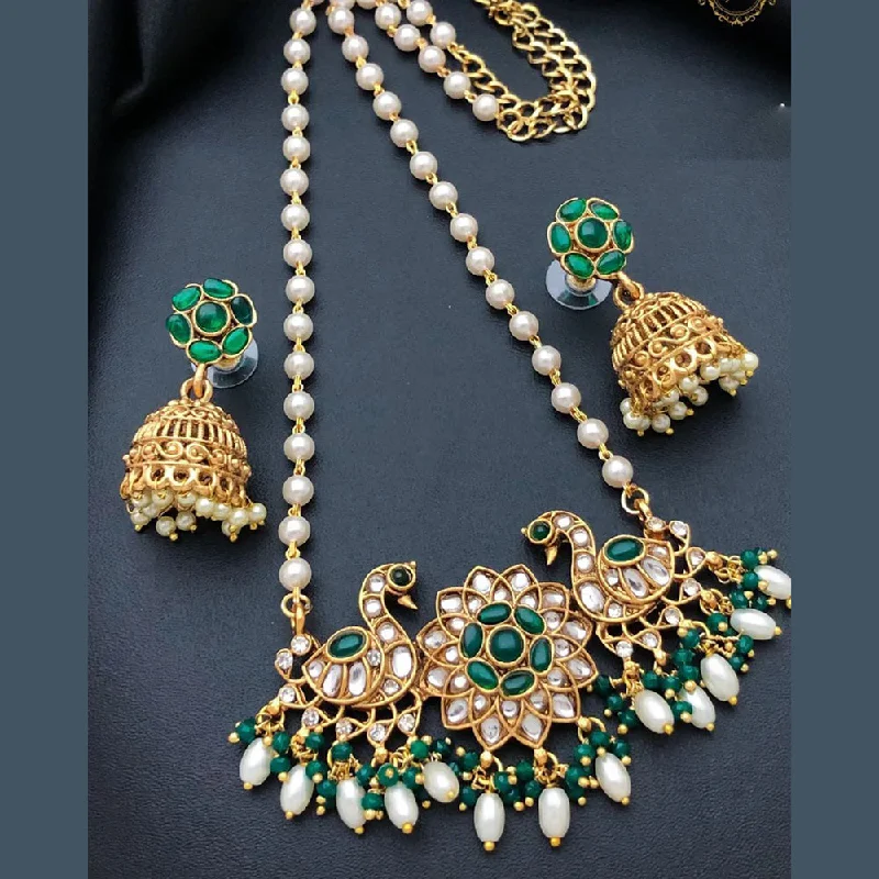 Modern Gold Necklace-India Art Gold Plated Pota Stone And Beads Choker Necklace Set