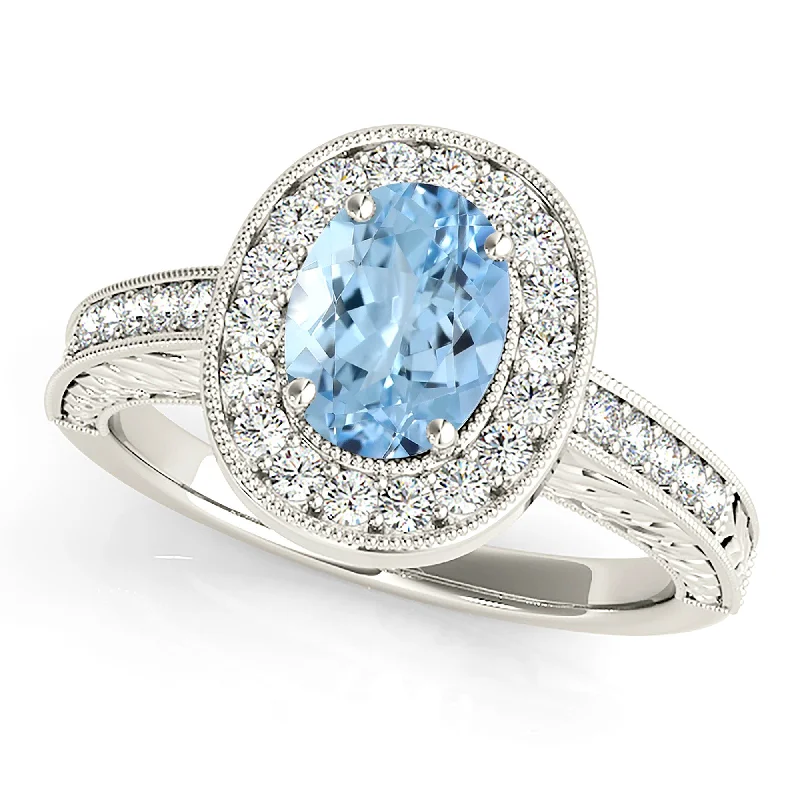 Silver Stackable Rings-2.00 ct. Genuine Oval Aquamarine Ring With Milgrain Halo And Filigree Diamond Band