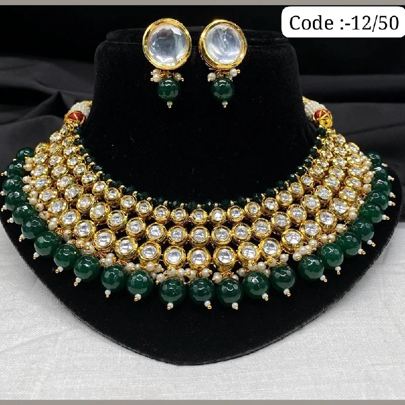 Layered Gemstone Necklace-FS Collection Gold Plated Kundan Stone And Beads Necklace Set