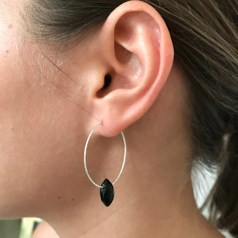 Handmade Gemstone Earrings-Silver Hoop Black Drop Earrings - M