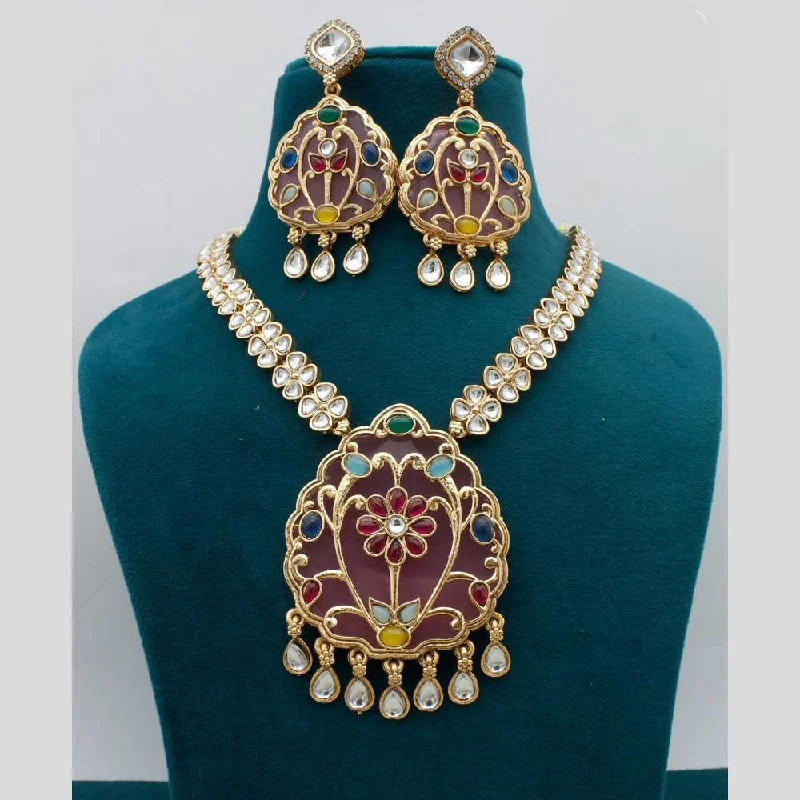 Sterling Silver Heart Necklace-JCM Gold Plated Kundan Stone Necklace Set