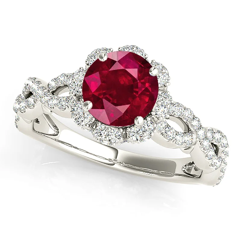 Custom Promise Ring for Him-1.35 ct. Genuine Ruby Ring With Floral Halo And Open Braid Diamond Band