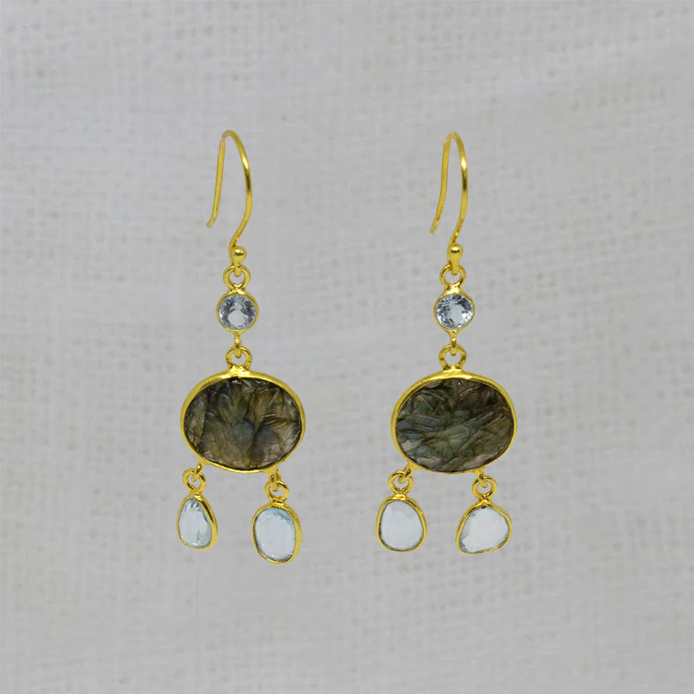 Classic Stud Earrings-18ct Gold Vermeil Labradorite and Blue Topaz Drop Earrings