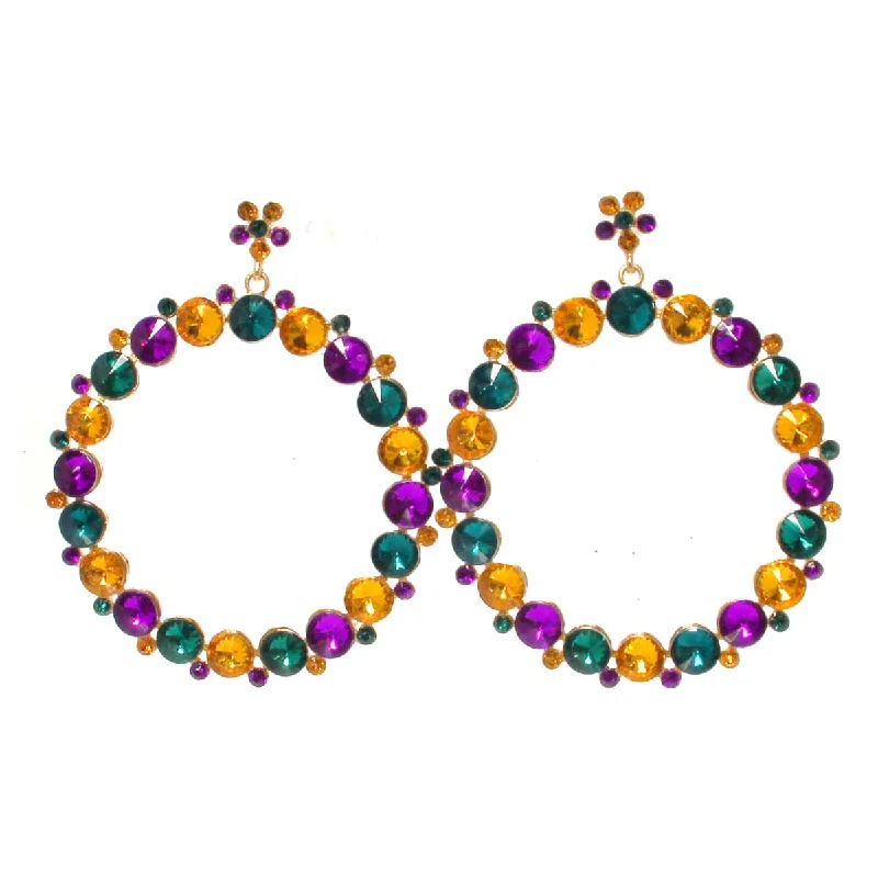 Chunky Gold Earrings-Round Purple/Green/Gold Crystal Earrings, 3", Mardi Gras