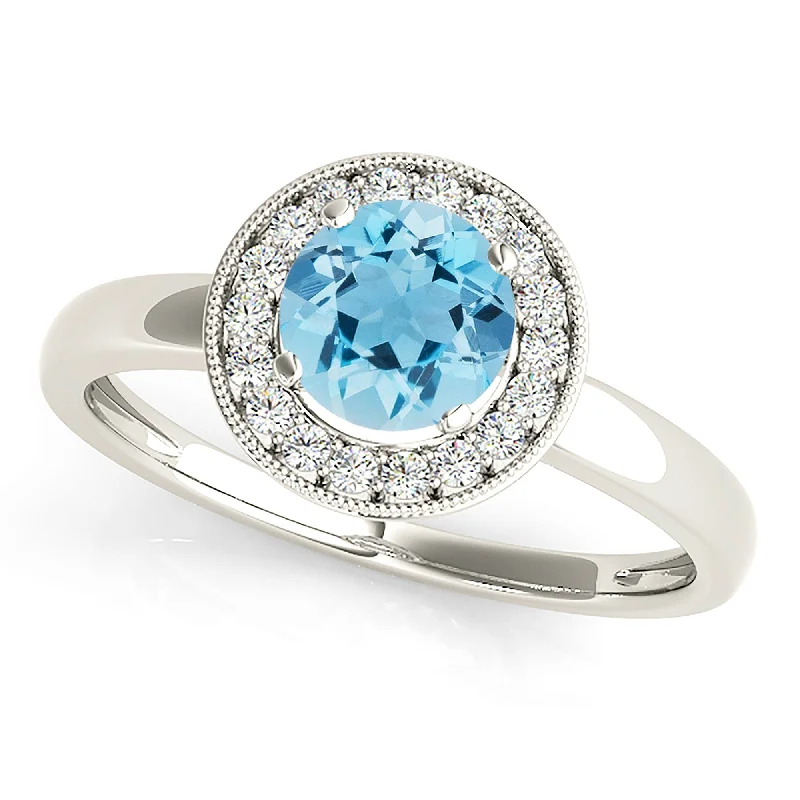 Minimalist Gold Ring-1.10 ct. Genuine Aquamarine Ring With Bezel Set Halo, Milgrain Design