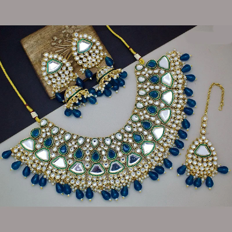 Double Chain Necklace-JCM Gold Plated Kundan Stone And Beads Necklace Set