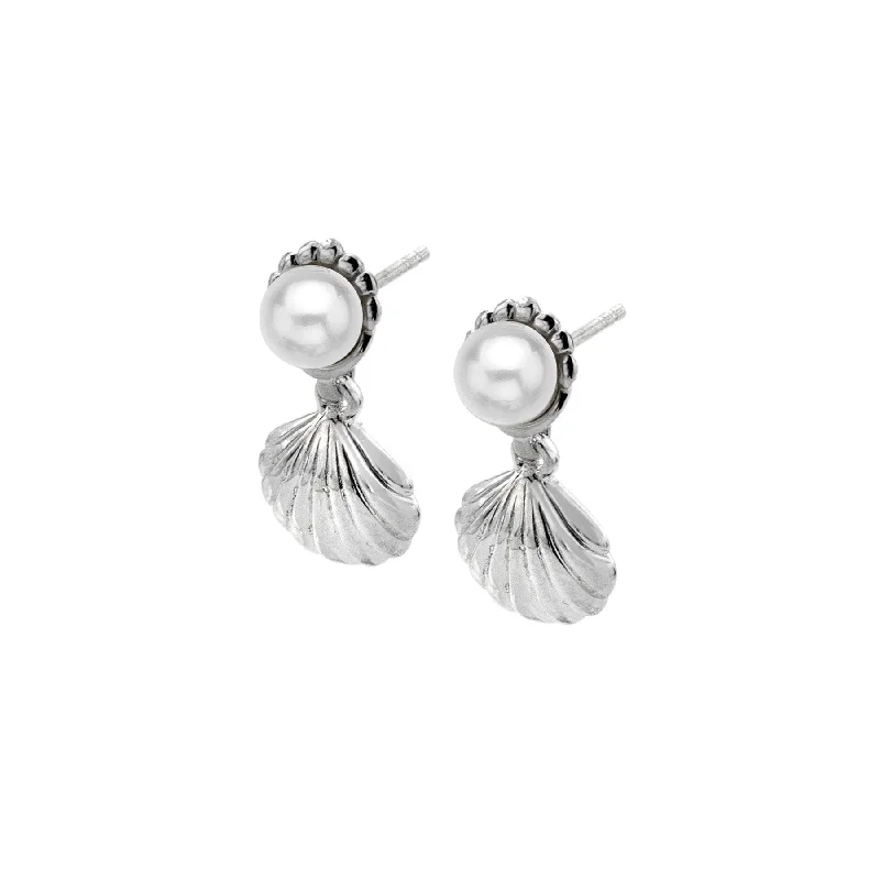 Classic Round Earrings-Sea Gems Silver Shell and Freshwater Pearl Stud Drop Earrings