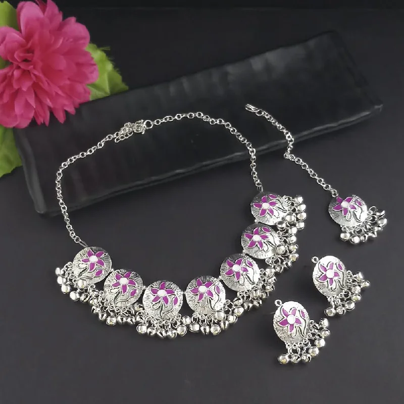 Celestial Star Necklace-Kriaa Oxidised Plated Pink Meenakari Necklace Set With Maang Tikka - 1116014C