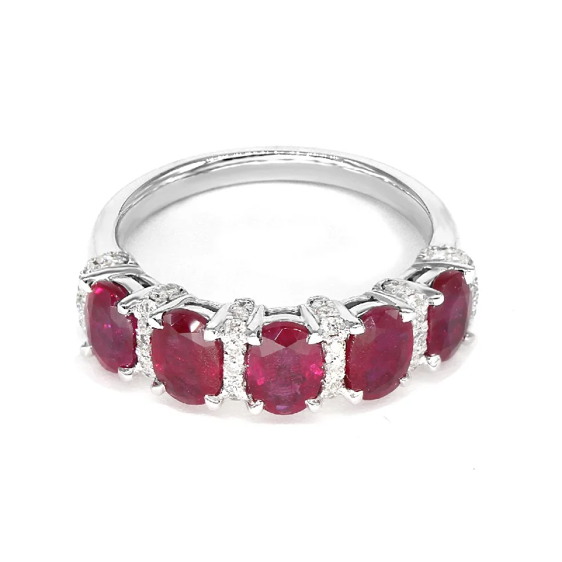 Gold Stacking Rings-2.30 ctw. Genuine Oval Ruby Band With Diamonds