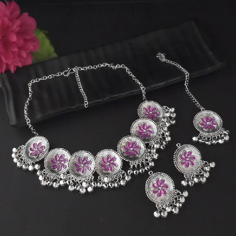 Simple Gold Necklace-Kriaa Oxidised Plated Pink Meenakari Necklace Set With Maang Tikka - 1116013C