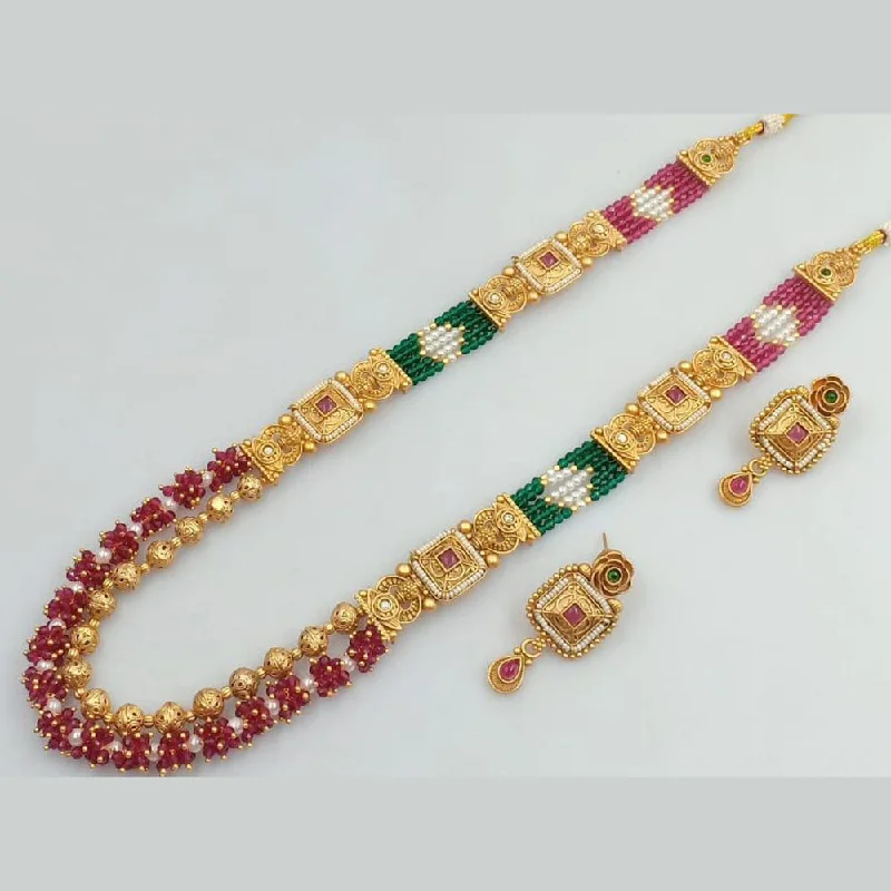 Simple Diamond Pendant Necklace-FS Collection Gold Plated Pota Stone And Beads Necklace Set