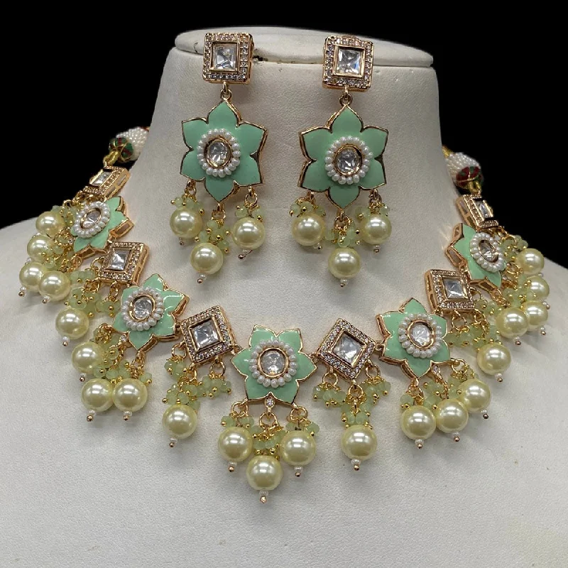 Chunky Silver Necklace-Amoliya Jewels Gold Plated Polki Kundan Stone And Beads Meenakari Choker Necklace Set