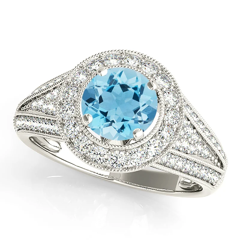 Trendy Silver Ring-1.10 ct. Genuine Aquamarine Ring With Milgrain Halo And Graduating Diamond Shank