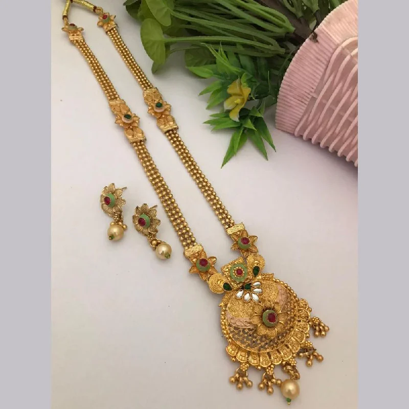 Long Statement Necklace-FS Collection Gold Plated Kundan Stone Long Necklace Set