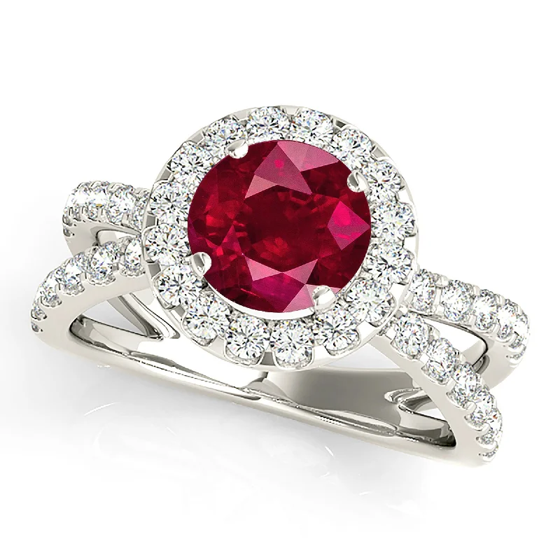 Classic White Gold Ring-1.80 ct. Genuine Ruby Ring With Halo And Open Split Diamond Shank