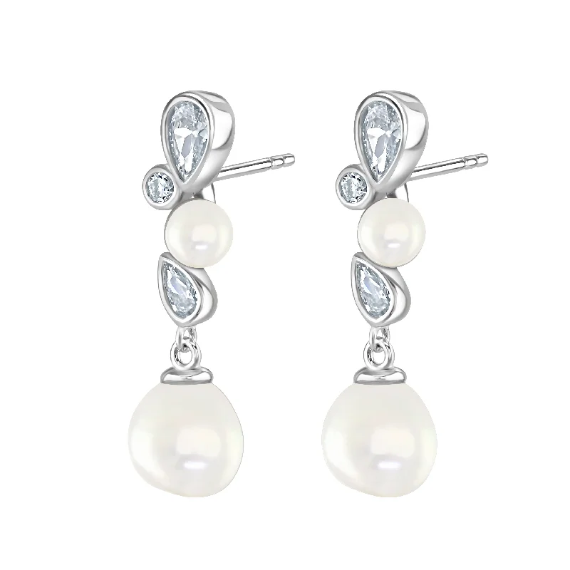 Diamond Heart Earrings-Sterling Silver Pearl Cubic Zirconia Bezel Set Earrings