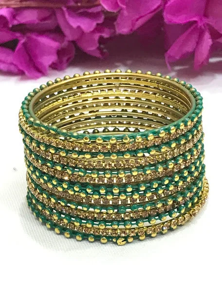 Gemstone-Studded Wedding Bangles-Stunning Teal Green Color Metal Bangles Set For Girls