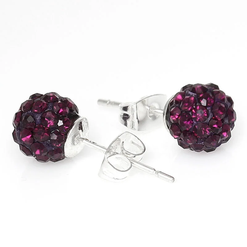 Colored Stone Earrings-8mm Dark Purple Rhinestones Crystal Fireball Disco Ball Pave Bead Stud Earrings