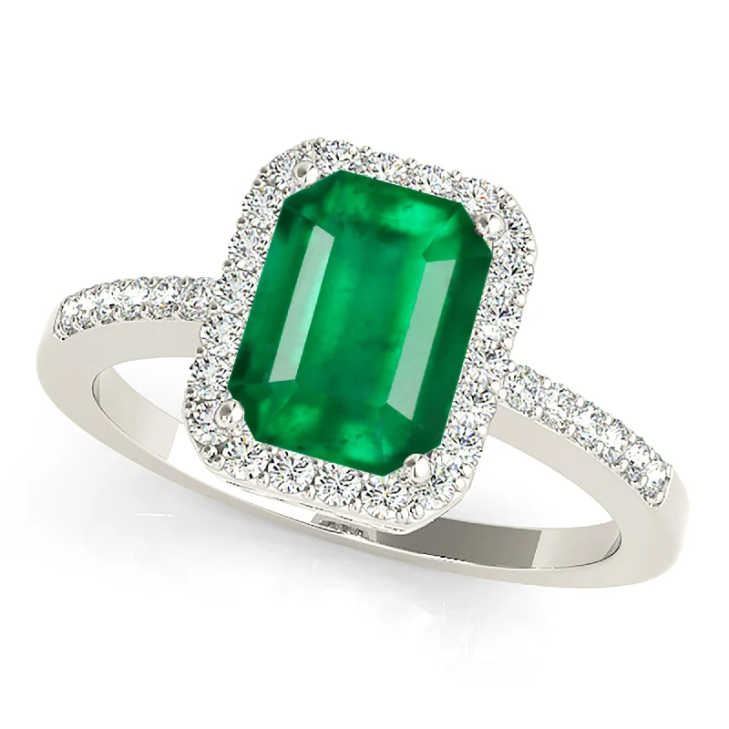 Gemstone Cocktail Ring-2.15 ct. Genuine Emerald Ring With Halo and Diamond Thin Band