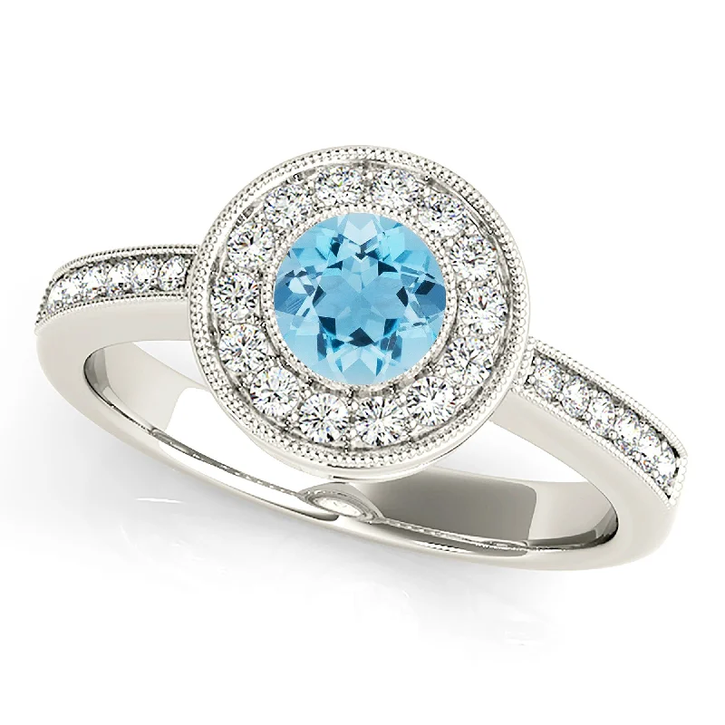 Engagement Ring with Sapphire-1.00 ct. Genuine Aquamarine Ring With Milgrain Bezel Halo