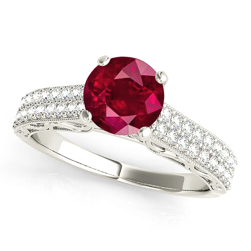 Men's Engagement Ring-1.35 ct. Genuine Solitaire Ruby Ring with Double Row Diamond Band