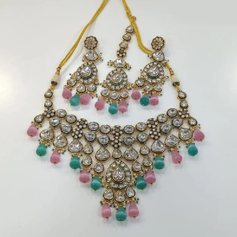 Dainty Silver Necklace-JCM Gold Plated Kundan Stone And Meenakari Necklace Set