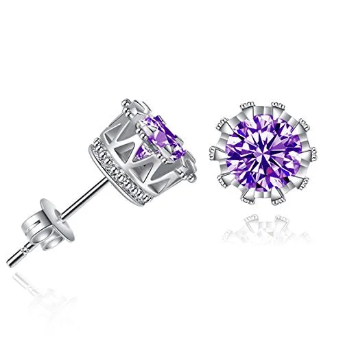 Multicolor Earrings-Sexy Sparkles Copper Ear Stud Earrings Purple Cubic Zirconia Inlaid Crown 9mm