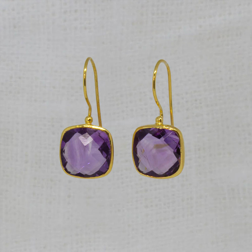 Emerald Green Earrings-18ct Gold Vermeil Amethyst Square Cushion Drop Earrings