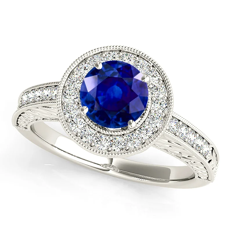 Luxury Engagement Ring-1.45 ct. Genuine Blue Sapphire Milgrain Halo Ring