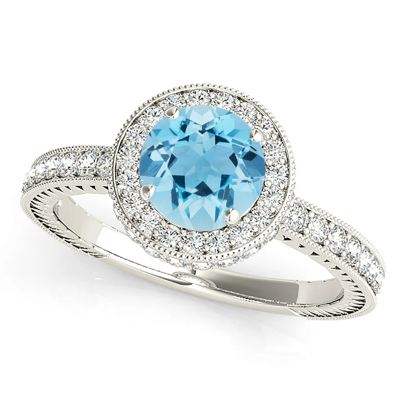 Couples Engagement Ring-1.10 ct. Genuine Aquamarine with Diamond Halo Gemstone Ring